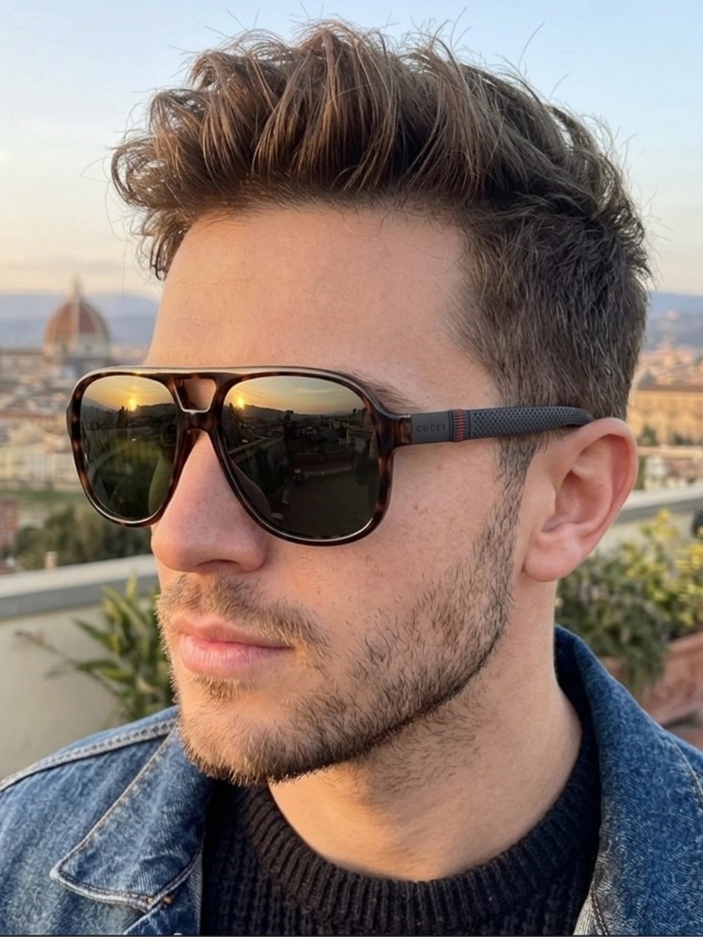 Gucci Tortoiseshell Sunglasses with Black Lenses and Green-Red Accents